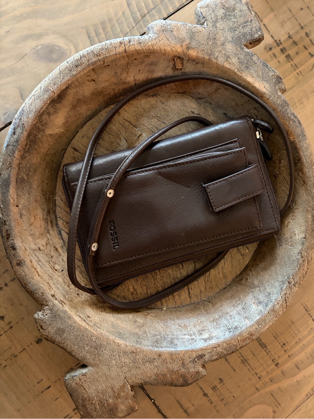 VTG Fossil Dark Brown Leather Multi-Pocketed Crossbody Wallet Organizer
